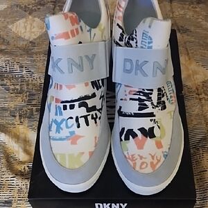 DKNY Wedge Shoes White Graffiti Slip-On Sneakers with Pastel Accents